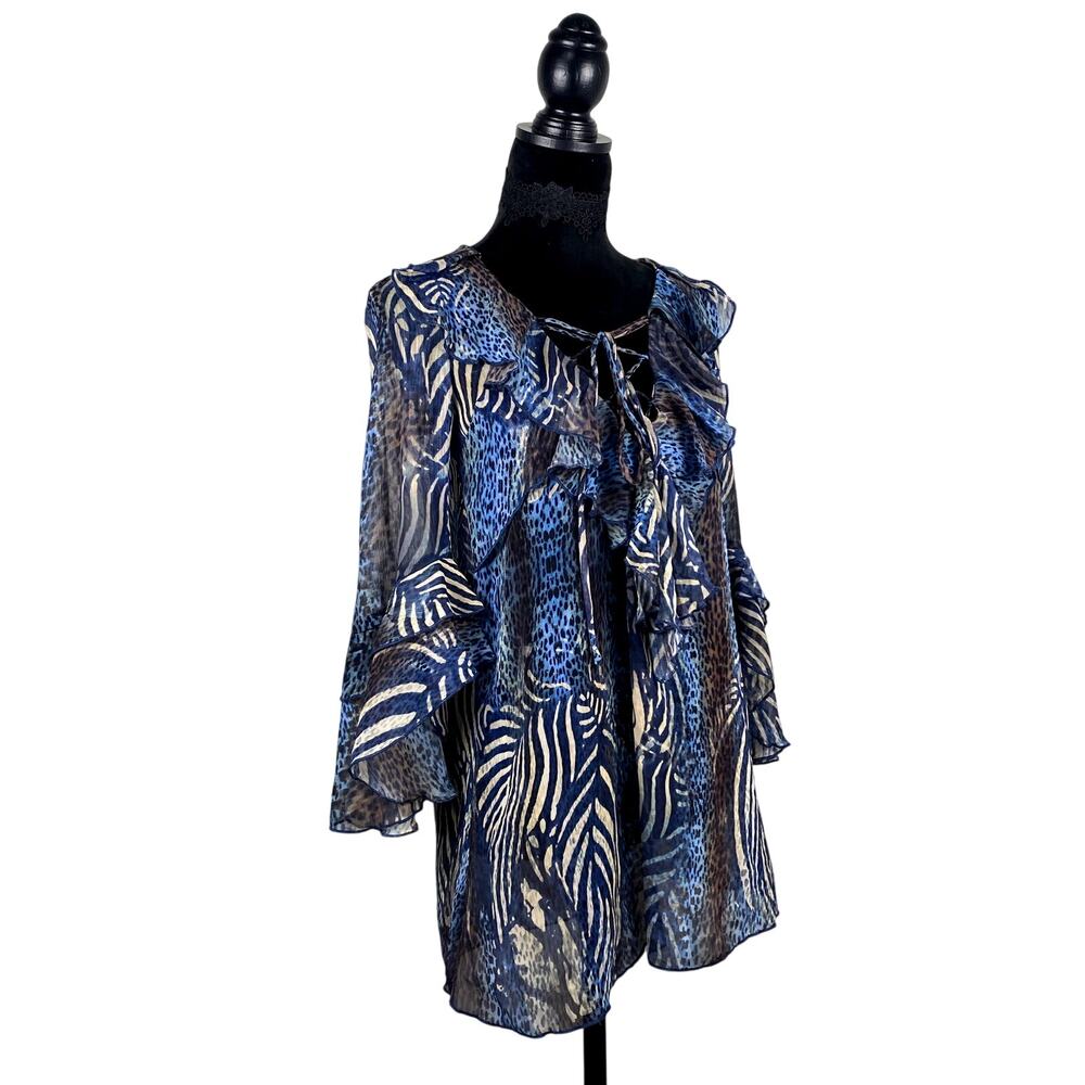 Metric Animal Print Whimsigoth Avant Garde LaceUp Boho Ruffle Flowy Blouse Dress - Picture 2 of 14